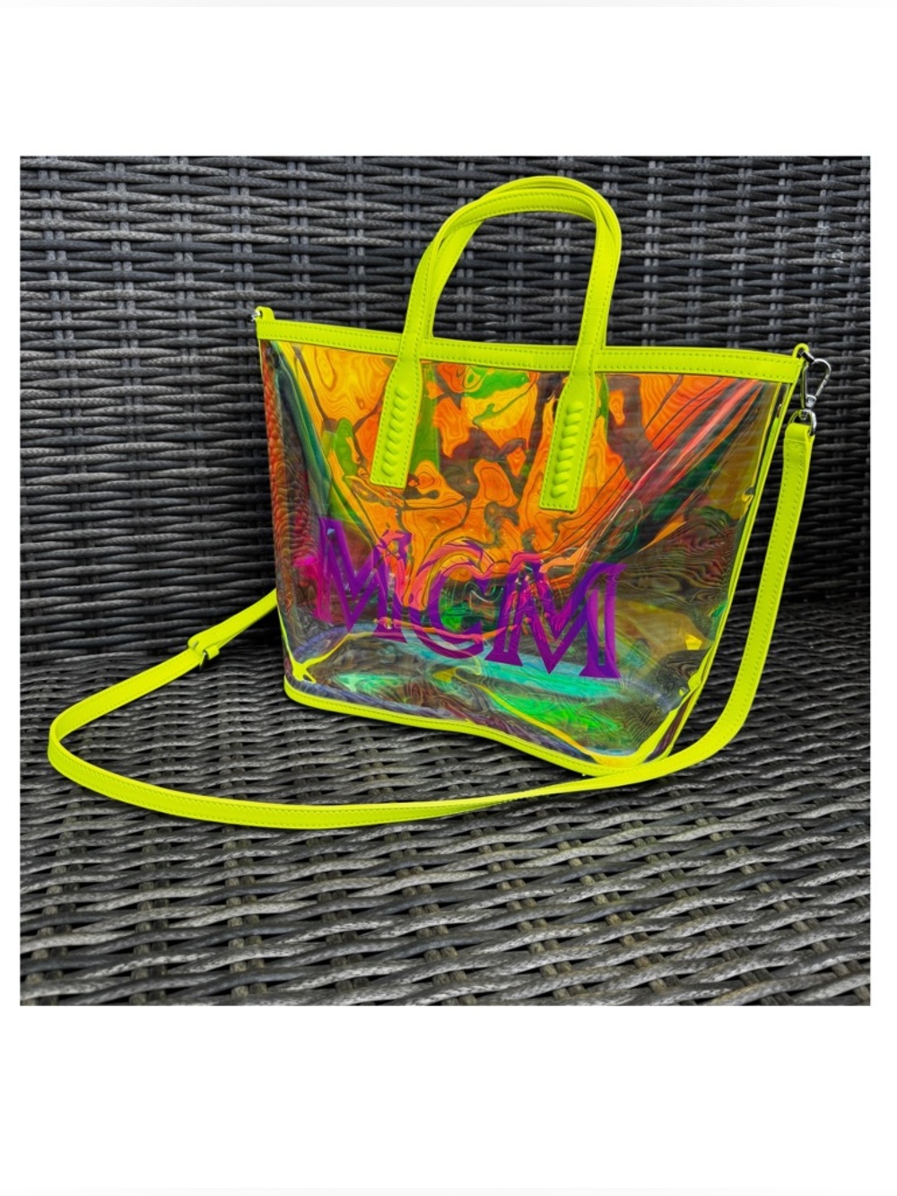 MCM Iridescent PVC Tote Neon Yellow Hologram Shopper Bag